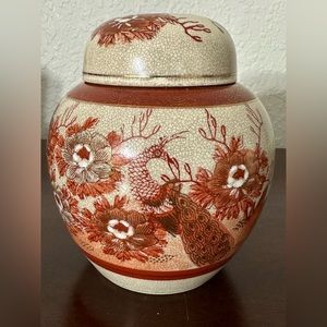 Vintage Porcelain Crackle Glaze Ginger Jar w/ Lid 5.5” Red & Gold Peacock Flower